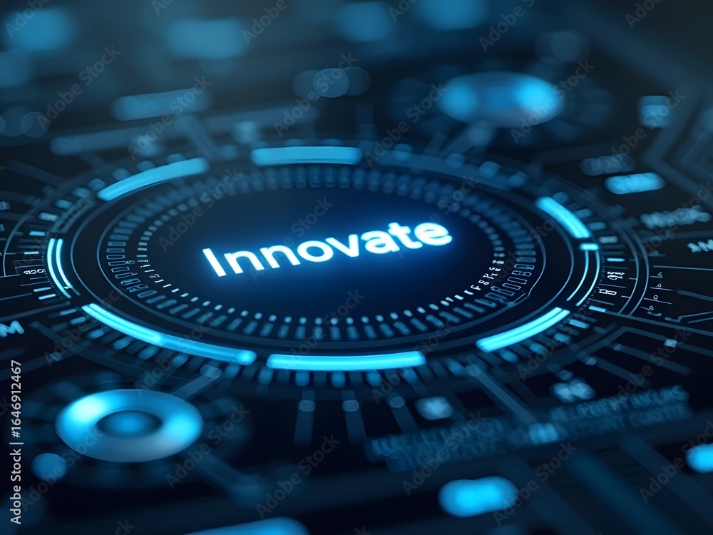 Aufkleber abstract glowing blue futuristic interface displays the word innovate, horizontal composition. this 