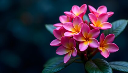 Closeup of vibrant pink and yellow plumeria flowers in bloom