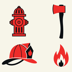 Firefighting equipment icons including a fire hydrant, axe, helmet, and flames, isolated on a cream background.