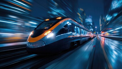 Fototapeta premium High-speed train traveling through a city at night
