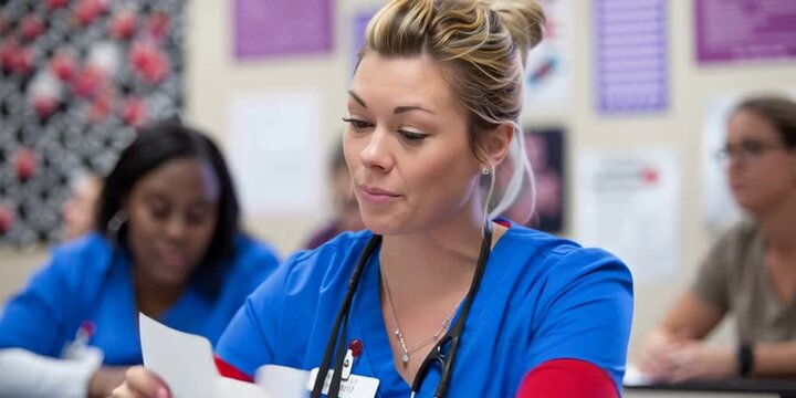 Nurses in nursing school classroom learning a lesson and asking medical and healthcare related procedural questions