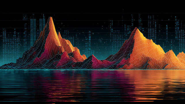 Data - Visualizing AI Creating Surreal Landscapes of Flowing Information and Encrypted Code Mountains for Tech Background