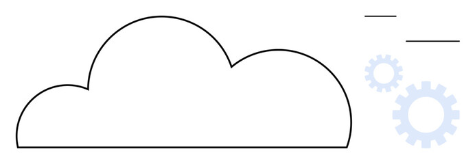 Outline cloud with gears and lines symbolizing data flow, teamwork, automation, synchronization, innovation, and technology management. Ideal for digitalization, cloud storage, network and simple