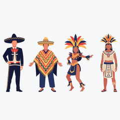 Four figures in traditional Mexican attire, showcasing diverse cultural costumes.