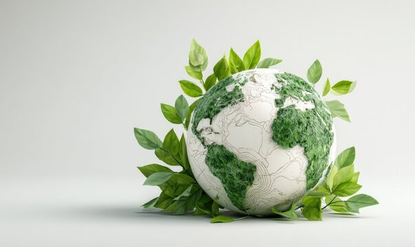 Earth globe surrounded by lush leaves on a light background - Powered by Adobe