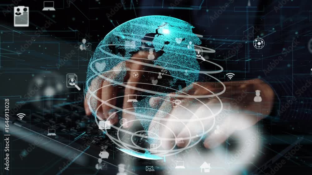 Poster a captivating digital globe symbolizing global connectivity and communication through technology, sh