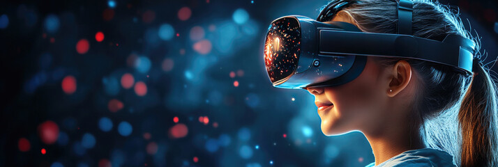 A young Caucasian girl with curly brown hair wears a virtual reality headset. The background features soft blue lights, creating a festive atmosphere for Christmas 2026.