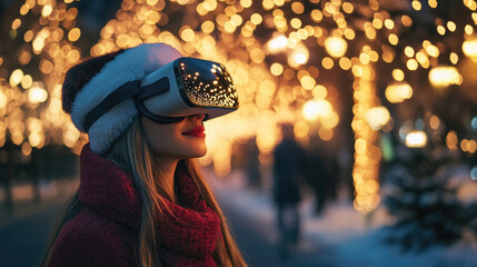 Winter-clad woman experiencing festive magic, wearing virtual reality headset amid glowing Christmas lights in snowy landscape, blending technology with seasonal wonder