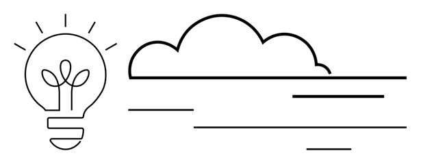 Lightbulb with a growing plant and a cloud symbolizing green energy, ideas, innovation, and environmental focus. Ideal for sustainability, renewable resources, growth, brainstorming, eco-friendly