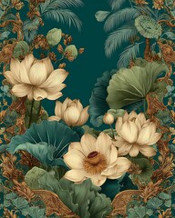 Ornate floral pattern with lotus flowers and foliage in green and gold on a teal background, evoking a sense of luxury.