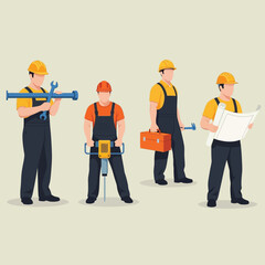 Obraz premium Four construction workers, each holding tools and blueprints, showcasing various construction roles.