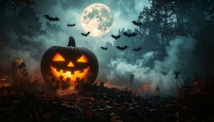 Naklejka premium Spooky Halloween Scene with Pumpkin, Bats, and Smoky Dark Atmosphere
