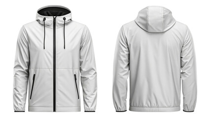 Raincoat Mockup, Light Grey Hooded Jacket with Zipper and Pockets on Transparent Background