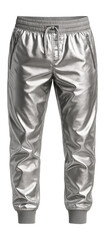 Metallic silver joggers with a shiny finish and elasticized cuffs