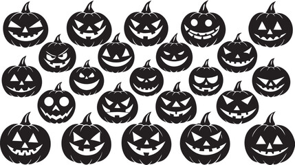 Halloween Pumpkins with Scary Faces in Black and White Silhouette