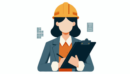 Flat Vector Illustration - A construction manager wearing a safety helmet and holding a clipboard at a building site, no visible face, flat design, isolated on white background
