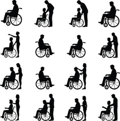 Silhouette set of various caregivers helping disabled people in wheelchairs, providing assistance with hair care, posture support, and movement for healthcare, medical, or elderly care needs