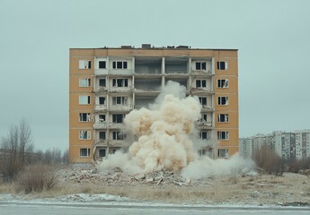 Dust Cloud Erupts from Demolition of Abandoned Building in Winter