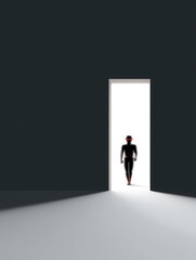 Dark fantasy photography, wide-angle shot of a Living Shadow , humanoid shape made entirely of darkness, glowing red eyes, standing in a doorway between light and shadow, white background