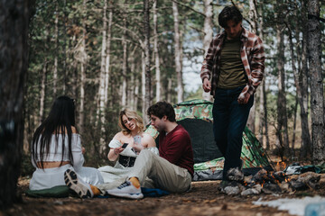 A cheerful group of friends spends time camping in a forest by a burning campfire. The scene...