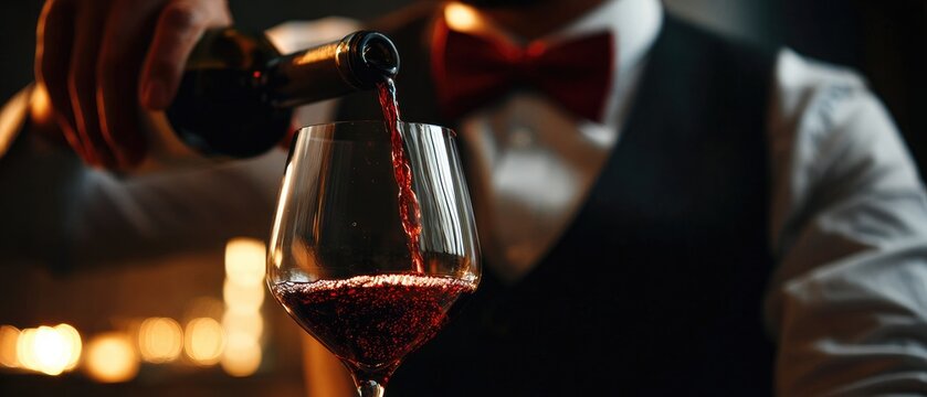 Red wine being poured into a glass by a person in a tuxedo