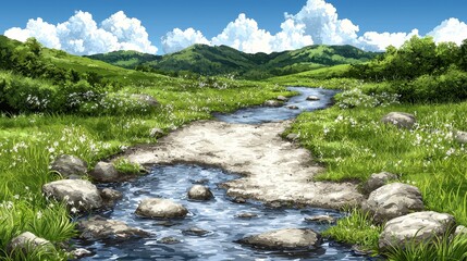 Picturesque Green Valley Landscape with a Rocky Stream and White Flowers Under Fluffy Clouds