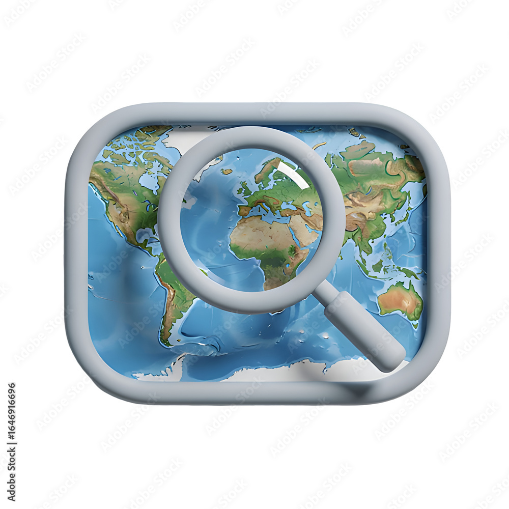 Poster explore the globe: 3d world map with magnifying glass on transparent background for global insights