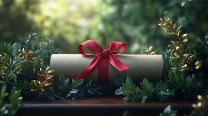Formal graduation card showing a rolled diploma tied with a red ribbon resting on a podium Golden laurel leaves and a graduation cap sit nearby symbolizing honor and achievement