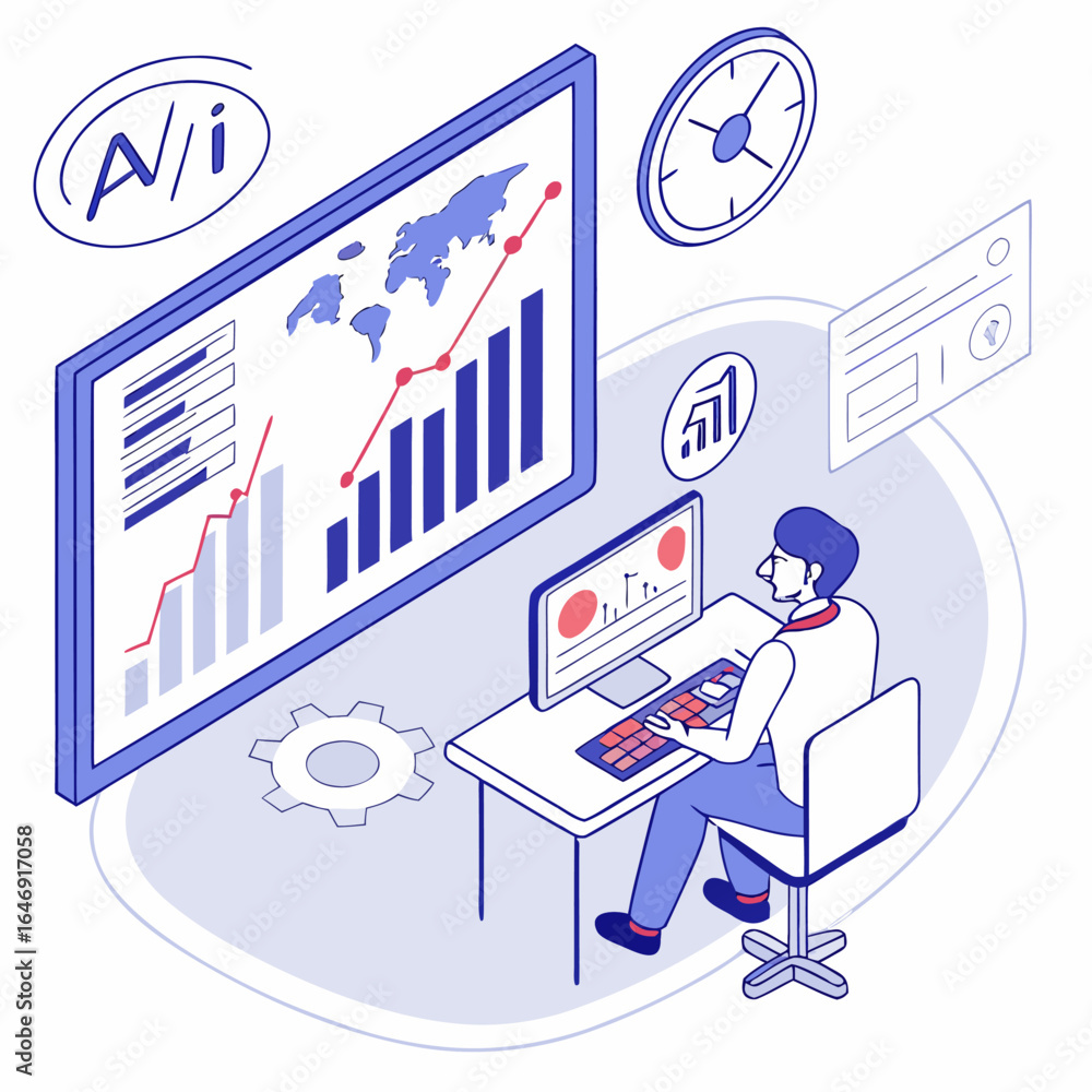 Poster isometric illustration of a man working at a desk with data visualizations and a world map on screen