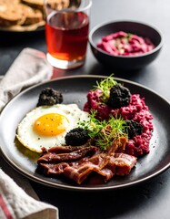 Fried egg, bacon, beetroot, and black truffle breakfast