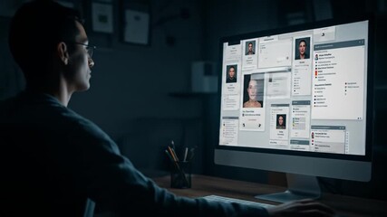 A businessman and businesswoman use a laptop to discuss a business concept, while other people communicate through a digital network on a virtual screen - Powered by Adobe