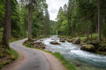 Fototapeta premium winding narrow road disappears into horizon surrounded by lush forests and vibrant greenery