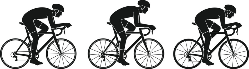 Obraz premium Cyclist silhouettes, road bike riders, aerodynamic position, racing posture, helmets, cycling gear, drop handlebars, thin tires, sport motion, vector illustration