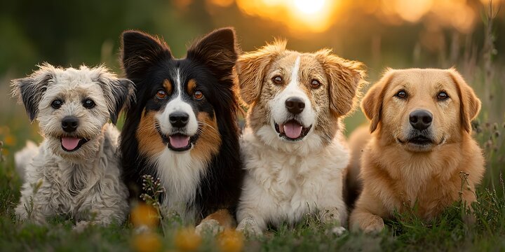 A beautiful group of four diverse dogs lying together backlit by warm sun showcasing different breeds and fluffy fur textures.