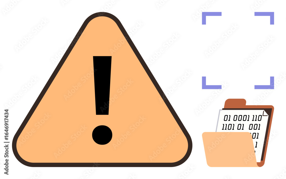 Poster exclamation mark in triangular warning sign, folder holding binary data, scanning frame. ideal for c