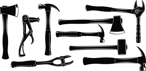 Essential hand tools collection, DIY equipment, axes, hammers, wrenches, pliers, mallets, home improvement, repair tools, construction, hardware, durable, reliable