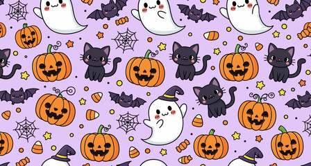 Fototapeta premium Halloween seamless pattern with ghosts, black cats, pumpkins, and candy on a purple background. best for Wrapping Paper or printing purpose.