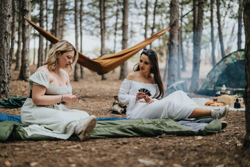 Two women sit comfortably in a tranquil forest setting, playing a card game near their camping...