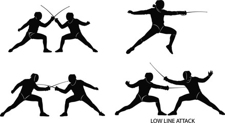 Fencing silhouettes, sword combat, crossed blades, lunging pose, low line attack, dynamic movement, sport technique, vector illustration, black graphic, martial stance