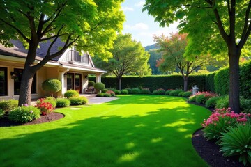 Serene Backyard Oasis Lush Lawn, Vibrant Flowers, Mature Trees - Perfect for Relaxation and Outdoor Entertaining