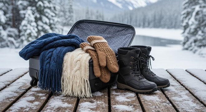 Winter gear in suitcase by snowy lake