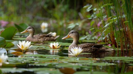 Fototapeta premium Two ducks glide through a tranquil pond surrounded by blooming lily pads and greenery.