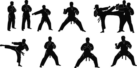 Martial arts silhouettes, fighting stances, punching pose, kicking action, defensive moves, offensive techniques, combat training, vector illustration, black graphic