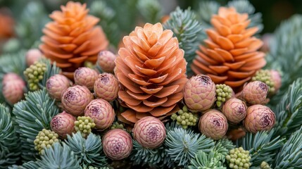 Fototapeta premium Pine Cones and Evergreen Branches with Natural Texture Background