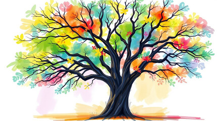 Vibrant tree of life sketch in color sketchnote style with soft light and diffused shadows