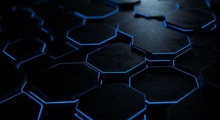 Abstract futuristic technology background featuring a dark hexagonal grid pattern with glowing blue neon lines, representing digital innovation and data networks