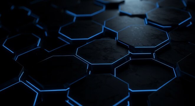 Abstract futuristic technology background featuring a dark hexagonal grid pattern with glowing blue neon lines, representing digital innovation and data networks