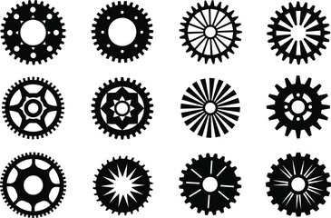 Set of 12 gear silhouettes, cogwheel vector icons, mechanical parts, industrial design, black and white illustration, engineering, technology, decor