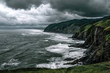 Dramatic coastal scene with stormy sky and rugged cliffs