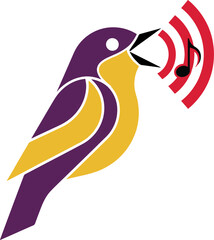 Purple and Gold Singing Bird Logo with Sound Waves